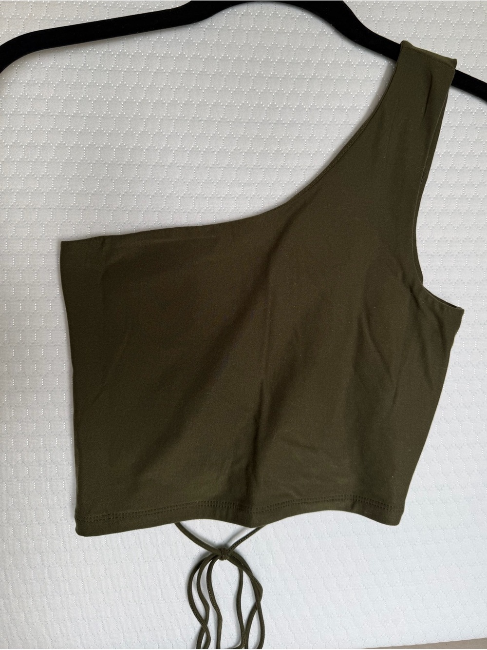 Windsor Olive One-Shoulder Crop Top with Tie-Back